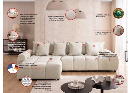 Bubble - Ecksofa mit Schlaffunktion und Hocker mit losen Rückenkissen und Sitzfläche in Bubble-Optik aus weichem Strukturstoff