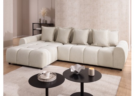 Bubble - Ecksofa mit Schlaffunktion und Hocker mit losen Rückenkissen und Sitzfläche in Bubble-Optik aus weichem Strukturstoff