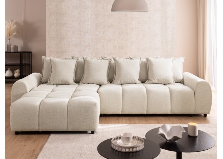 Bubble - Ecksofa mit Schlaffunktion und Hocker mit losen Rückenkissen und Sitzfläche in Bubble-Optik aus weichem Strukturstoff