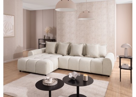 Bubble - Ecksofa mit Schlaffunktion und Hocker mit losen Rückenkissen und Sitzfläche in Bubble-Optik aus weichem Strukturstoff