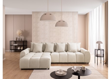 Bubble - Ecksofa mit Schlaffunktion und Hocker mit losen Rückenkissen und Sitzfläche in Bubble-Optik aus weichem Strukturstoff