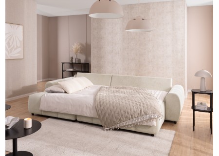 Bubble - Ecksofa mit Schlaffunktion und Hocker mit losen Rückenkissen und Sitzfläche in Bubble-Optik aus weichem Strukturstoff