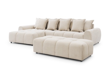 Bubble - Ecksofa mit Schlaffunktion und Hocker mit losen Rückenkissen und Sitzfläche in Bubble-Optik aus weichem Strukturstoff