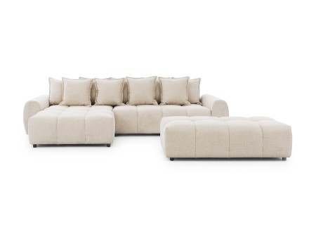 Bubble - Ecksofa mit Schlaffunktion und Hocker mit losen Rückenkissen und Sitzfläche in Bubble-Optik aus weichem Strukturstoff