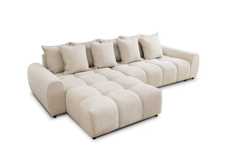 Bubble - Ecksofa mit Schlaffunktion und Hocker mit losen Rückenkissen und Sitzfläche in Bubble-Optik aus weichem Strukturstoff