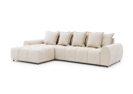 Bubble - Ecksofa mit Schlaffunktion und Hocker mit losen Rückenkissen und Sitzfläche in Bubble-Optik aus weichem Strukturstoff
