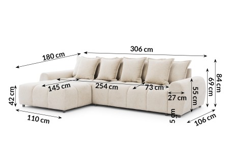 Bubble - Ecksofa mit Schlaffunktion und Hocker mit losen Rückenkissen und Sitzfläche in Bubble-Optik aus weichem Strukturstoff