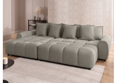 Bubble - Ecksofa mit Schlaffunktion und Hocker mit losen Rückenkissen und Sitzfläche in Bubble-Optik aus weichem Strukturstoff
