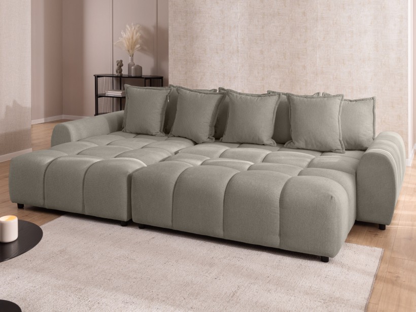 Bubble - Ecksofa mit Schlaffunktion und Hocker mit losen Rückenkissen und Sitzfläche in Bubble-Optik aus weichem Strukturstoff
