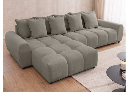 Bubble - Ecksofa mit Schlaffunktion und Hocker mit losen Rückenkissen und Sitzfläche in Bubble-Optik aus weichem Strukturstoff