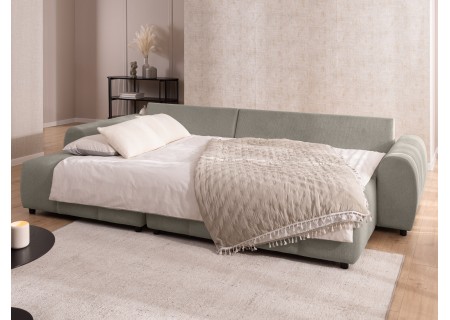 Bubble - Ecksofa mit Schlaffunktion und Hocker mit losen Rückenkissen und Sitzfläche in Bubble-Optik aus weichem Strukturstoff