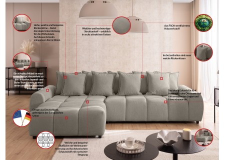 Bubble - Ecksofa mit Schlaffunktion und Hocker mit losen Rückenkissen und Sitzfläche in Bubble-Optik aus weichem Strukturstoff