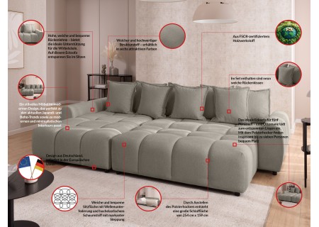 Bubble - Ecksofa mit Schlaffunktion und Hocker mit losen Rückenkissen und Sitzfläche in Bubble-Optik aus weichem Strukturstoff