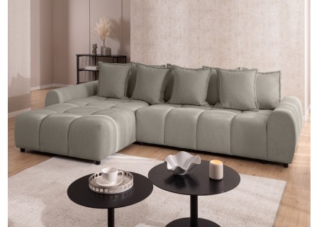 Bubble - Ecksofa mit Schlaffunktion und Hocker mit losen Rückenkissen und Sitzfläche in Bubble-Optik aus weichem Strukturstoff