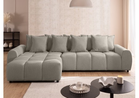 Bubble - Ecksofa mit Schlaffunktion und Hocker mit losen Rückenkissen und Sitzfläche in Bubble-Optik aus weichem Strukturstoff