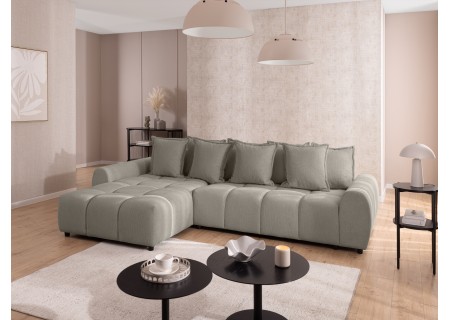 Bubble - Ecksofa mit Schlaffunktion und Hocker mit losen Rückenkissen und Sitzfläche in Bubble-Optik aus weichem Strukturstoff
