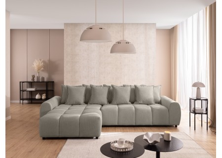 Bubble - Ecksofa mit Schlaffunktion und Hocker mit losen Rückenkissen und Sitzfläche in Bubble-Optik aus weichem Strukturstoff