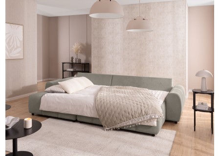 Bubble - Ecksofa mit Schlaffunktion und Hocker mit losen Rückenkissen und Sitzfläche in Bubble-Optik aus weichem Strukturstoff