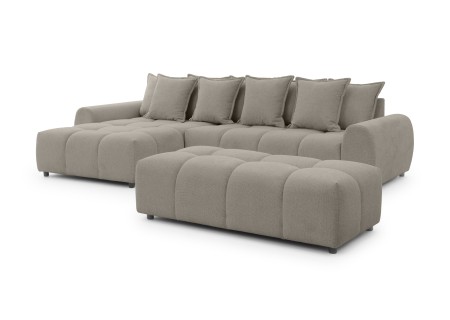 Bubble - Ecksofa mit Schlaffunktion und Hocker mit losen Rückenkissen und Sitzfläche in Bubble-Optik aus weichem Strukturstoff