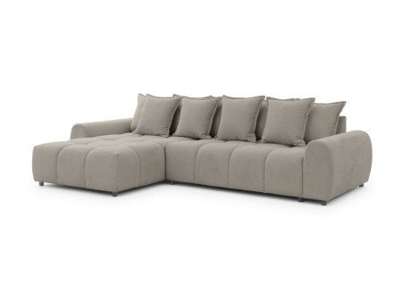 Bubble - Ecksofa mit Schlaffunktion und Hocker mit losen Rückenkissen und Sitzfläche in Bubble-Optik aus weichem Strukturstoff