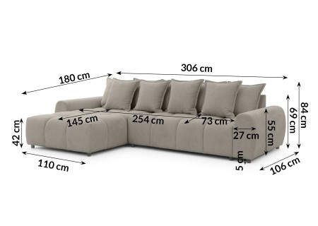 Bubble - Ecksofa mit Schlaffunktion und Hocker mit losen Rückenkissen und Sitzfläche in Bubble-Optik aus weichem Strukturstoff