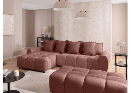 Bubble - Ecksofa mit Schlaffunktion und Hocker mit losen Rückenkissen und Sitzfläche in Bubble-Optik aus weichem Strukturstoff