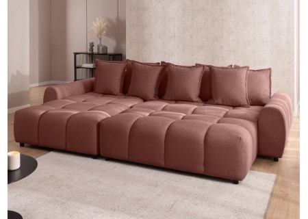 Bubble - Ecksofa mit Schlaffunktion und Hocker mit losen Rückenkissen und Sitzfläche in Bubble-Optik aus weichem Strukturstoff
