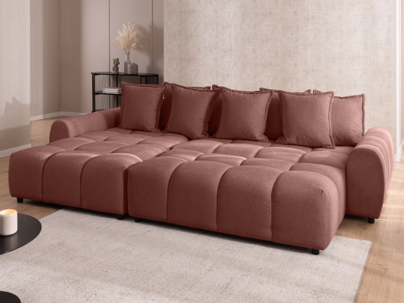 Bubble - Ecksofa mit Schlaffunktion und Hocker mit losen Rückenkissen und Sitzfläche in Bubble-Optik aus weichem Strukturstoff