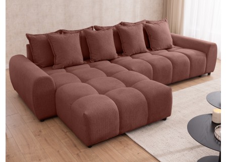 Bubble - Ecksofa mit Schlaffunktion und Hocker mit losen Rückenkissen und Sitzfläche in Bubble-Optik aus weichem Strukturstoff