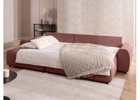 Bubble - Ecksofa mit Schlaffunktion und Hocker mit losen Rückenkissen und Sitzfläche in Bubble-Optik aus weichem Strukturstoff