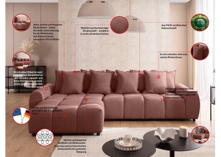 Bubble - Ecksofa mit Schlaffunktion und Hocker mit losen Rückenkissen und Sitzfläche in Bubble-Optik aus weichem Strukturstoff