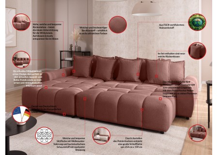 Bubble - Ecksofa mit Schlaffunktion und Hocker mit losen Rückenkissen und Sitzfläche in Bubble-Optik aus weichem Strukturstoff