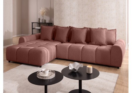 Bubble - Ecksofa mit Schlaffunktion und Hocker mit losen Rückenkissen und Sitzfläche in Bubble-Optik aus weichem Strukturstoff