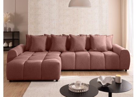 Bubble - Ecksofa mit Schlaffunktion und Hocker mit losen Rückenkissen und Sitzfläche in Bubble-Optik aus weichem Strukturstoff