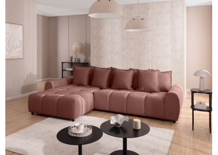 Bubble - Ecksofa mit Schlaffunktion und Hocker mit losen Rückenkissen und Sitzfläche in Bubble-Optik aus weichem Strukturstoff