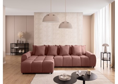 Bubble - Ecksofa mit Schlaffunktion und Hocker mit losen Rückenkissen und Sitzfläche in Bubble-Optik aus weichem Strukturstoff