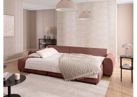 Bubble - Ecksofa mit Schlaffunktion und Hocker mit losen Rückenkissen und Sitzfläche in Bubble-Optik aus weichem Strukturstoff