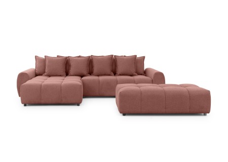 Bubble - Ecksofa mit Schlaffunktion und Hocker mit losen Rückenkissen und Sitzfläche in Bubble-Optik aus weichem Strukturstoff