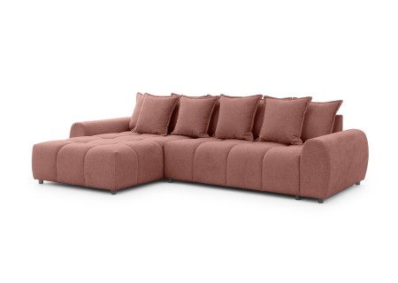 Bubble - Ecksofa mit Schlaffunktion und Hocker mit losen Rückenkissen und Sitzfläche in Bubble-Optik aus weichem Strukturstoff