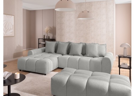 Bubble - Ecksofa mit Schlaffunktion und Hocker mit losen Rückenkissen und Sitzfläche in Bubble-Optik aus weichem Strukturstoff