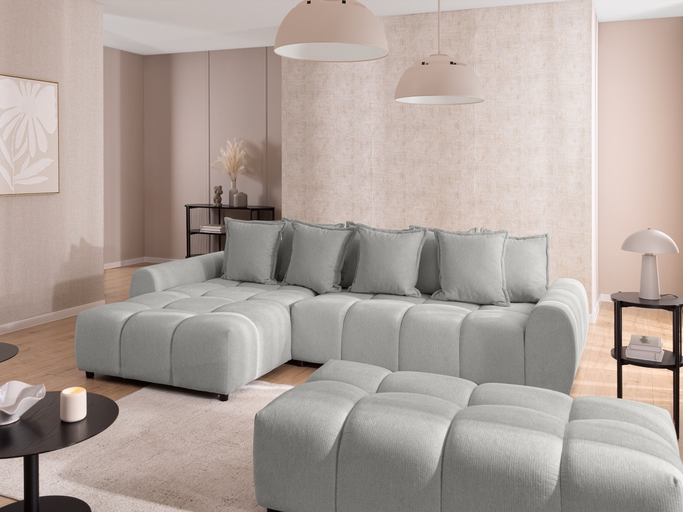 Bubble - Ecksofa mit Schlaffunktion und Hocker mit losen Rückenkissen und Sitzfläche in Bubble-Optik aus weichem Strukturstoff