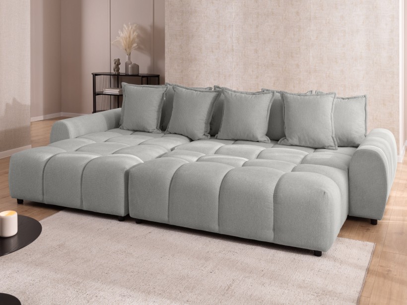 Bubble - Ecksofa mit Schlaffunktion und Hocker mit losen Rückenkissen und Sitzfläche in Bubble-Optik aus weichem Strukturstoff