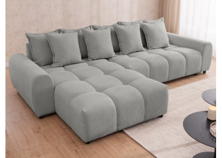 Bubble - Ecksofa mit Schlaffunktion und Hocker mit losen Rückenkissen und Sitzfläche in Bubble-Optik aus weichem Strukturstoff