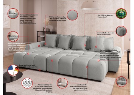Bubble - Ecksofa mit Schlaffunktion und Hocker mit losen Rückenkissen und Sitzfläche in Bubble-Optik aus weichem Strukturstoff
