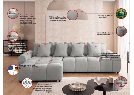 Bubble - Ecksofa mit Schlaffunktion und Hocker mit losen Rückenkissen und Sitzfläche in Bubble-Optik aus weichem Strukturstoff