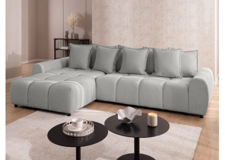 Bubble - Ecksofa mit Schlaffunktion und Hocker mit losen Rückenkissen und Sitzfläche in Bubble-Optik aus weichem Strukturstoff