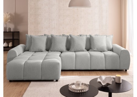 Bubble - Ecksofa mit Schlaffunktion und Hocker mit losen Rückenkissen und Sitzfläche in Bubble-Optik aus weichem Strukturstoff