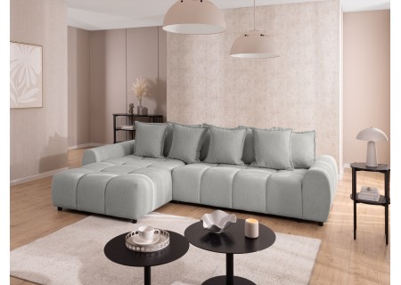 Bubble - Ecksofa mit Schlaffunktion und Hocker mit losen Rückenkissen und Sitzfläche in Bubble-Optik aus weichem Strukturstoff