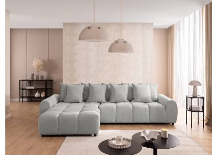 Bubble - Ecksofa mit Schlaffunktion und Hocker mit losen Rückenkissen und Sitzfläche in Bubble-Optik aus weichem Strukturstoff