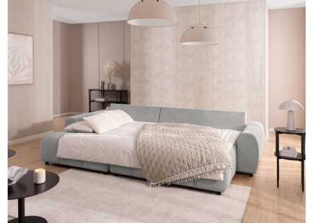 Bubble - Ecksofa mit Schlaffunktion und Hocker mit losen Rückenkissen und Sitzfläche in Bubble-Optik aus weichem Strukturstoff